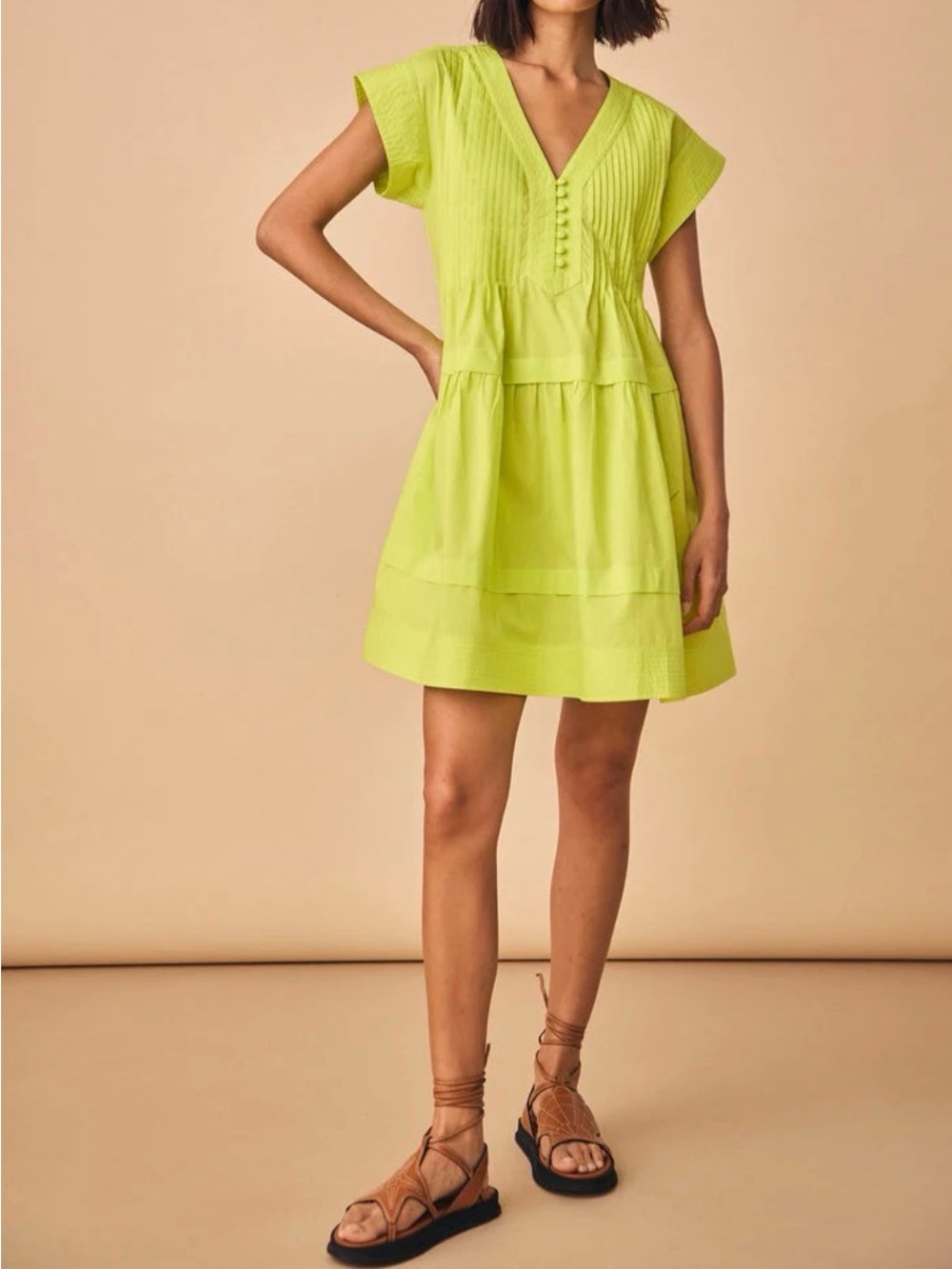 HUNTER BELL Neon Lime Cap Sleeve Tiered Dress